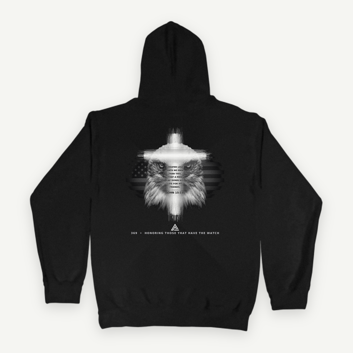Back print with eagle, KJV verse and 369 Honoring those that have the watch footer