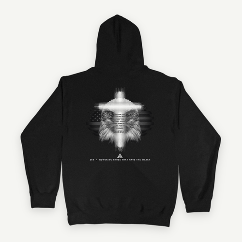 Back print with eagle, KJV verse and 369 Honoring those that have the watch footer