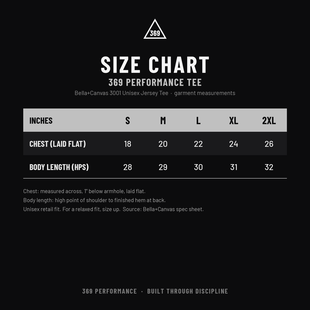 369 Performance Tee size chart